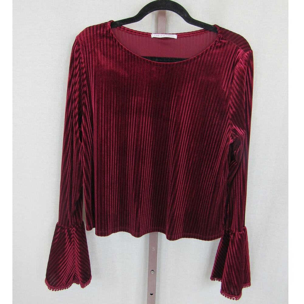 Chris & Carol Large Deep Red Velvet Textured Blouse Flounce Sleeve Long Sleeve